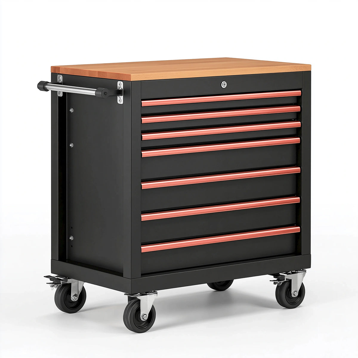 Servante d'atelier 77 x 46 x 98 cm en métal noir avec plateau en bois et 7 tiroirs sur roulettes