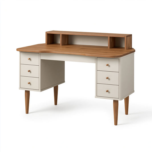 Bureau 140 x 60 x 110 cm en bois beige/noyer avec 6 tiroirs style rétro