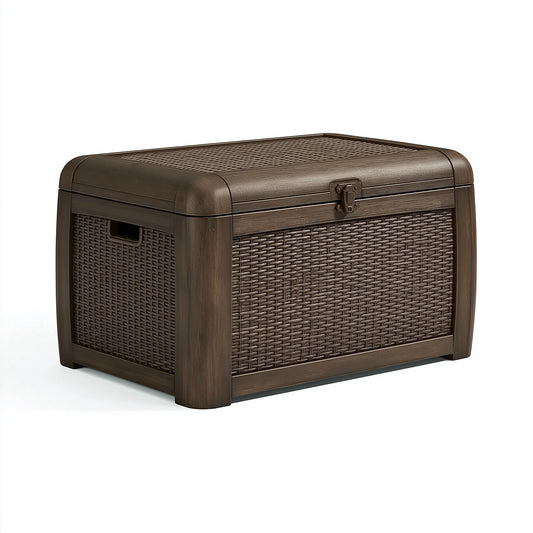 Coffre de rangement extérieur 120 x 56 x 63 cm en résine brun effet tressé avec couvercle verrouillable