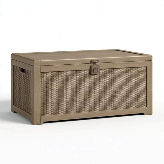 Coffre de rangement 100 x 50 x 55 cm en résine tressée beige avec couvercle style naturel