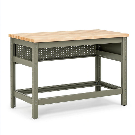 Établi 120 x 60 x 90 cm en bois et acier vert kaki avec panneau perforé style industriel