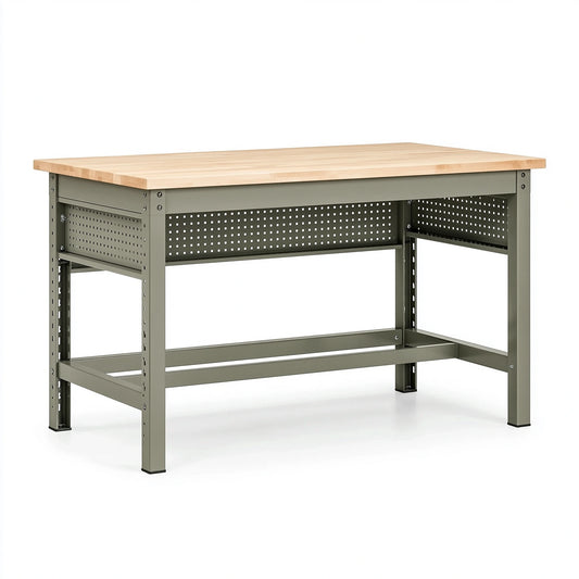 Établi 152 x 76 x 91 cm en bois massif et acier vert kaki style industriel avec panneau perforé