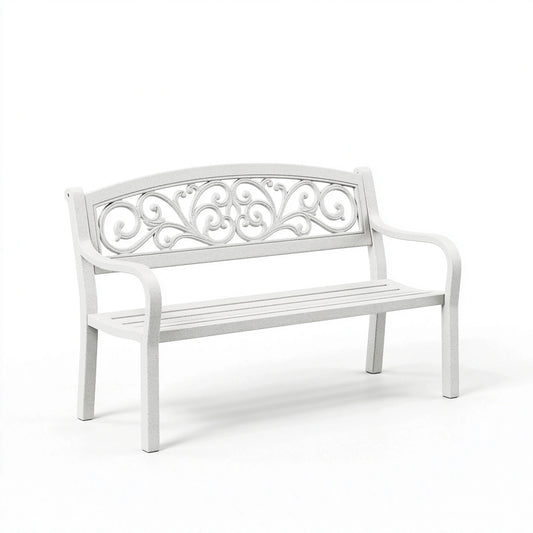 Banc de jardin 120 cm en métal blanc style romantique à dossier ajouré