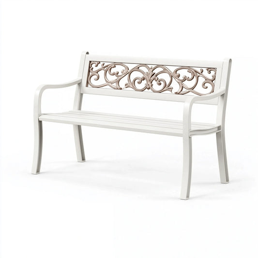 Banc de jardin 120 x 60 x 90 cm en métal blanc style classique à dossier décoratif