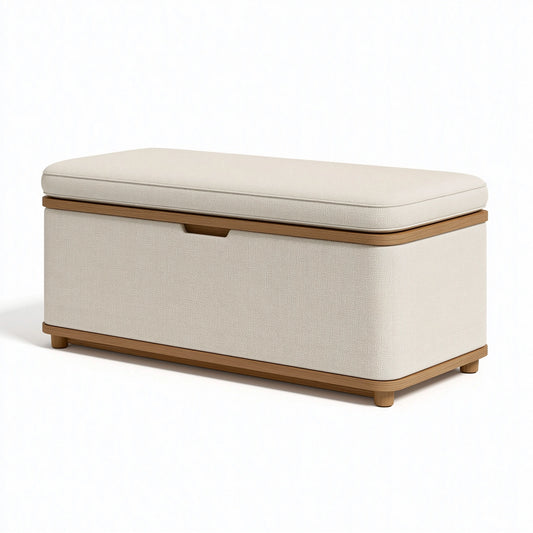 Banc coffre de rangement 120 x 45 x 48 cm en tissu beige et bois style contemporain